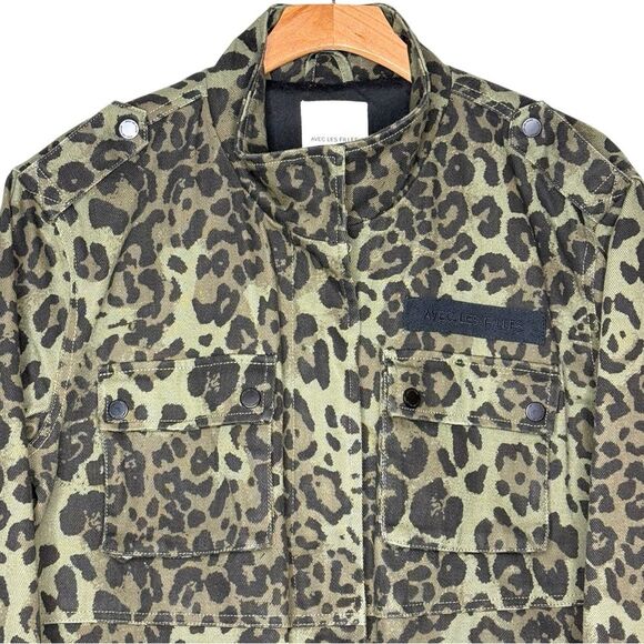 Avec Les Filles Jacket Green Olive Leopard Full Zip Military Women’s Sz M - Picture 3 of 4